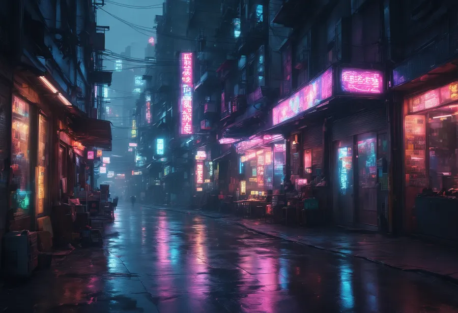 비 오는 밤의 네온 거리