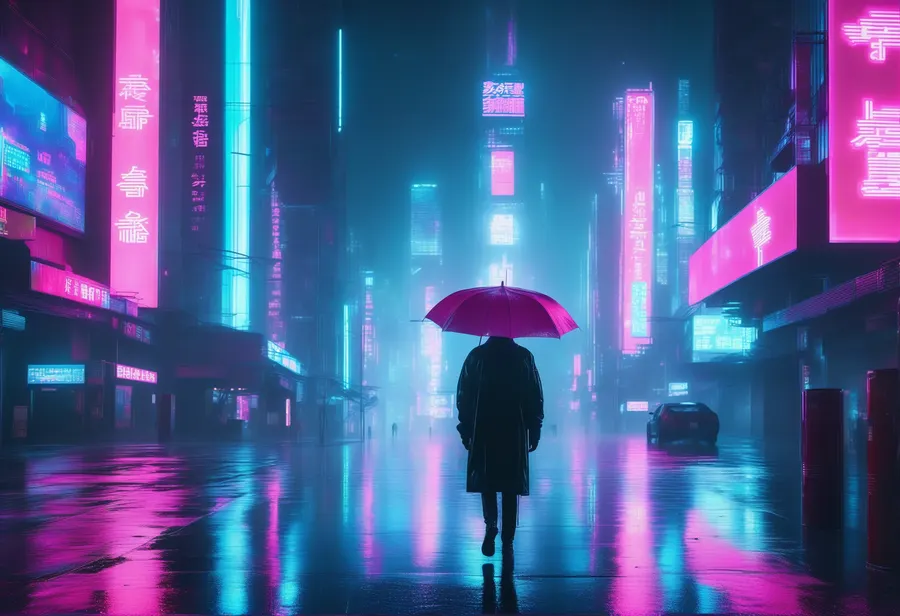 비 오는 밤의 네온 거리