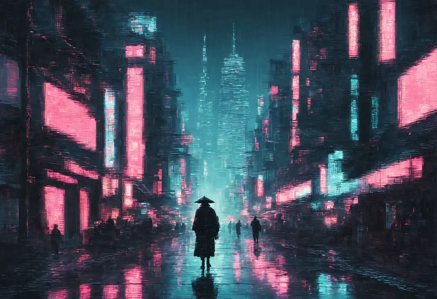 목판화로 그려진 네온 도시는